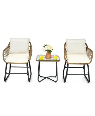3-Piece Patio Bistro Set with 2 Rattan Chairs and Square Glass Coffee Table-White