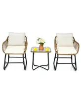 3-Piece Patio Bistro Set with 2 Rattan Chairs and Square Glass Coffee Table-White