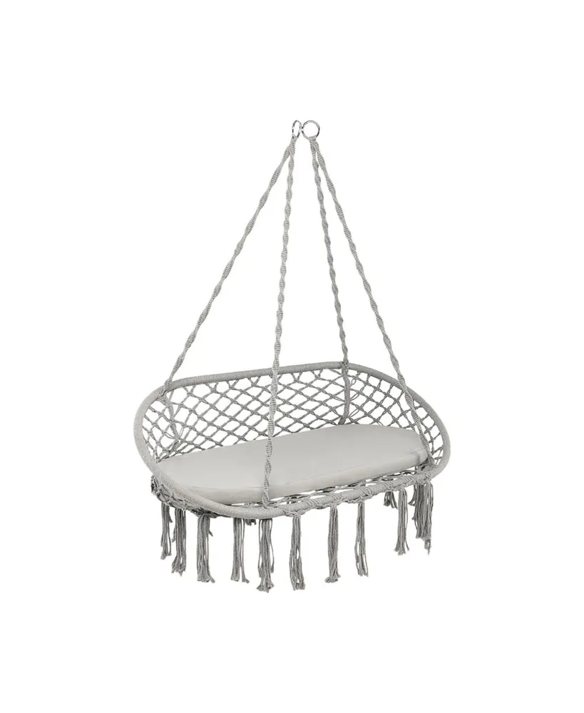 2 Person Hanging Hammock Chair with Cushion Macrame Swing-Gray