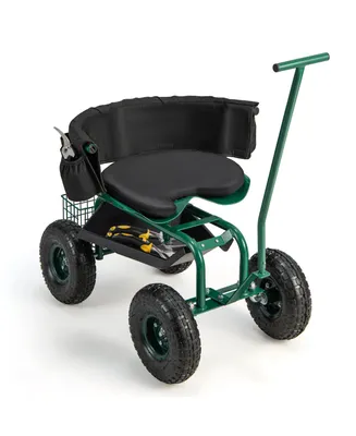 Rolling Garden Cart with Height Adjustable Swivel Seat and Storage Basket-Green