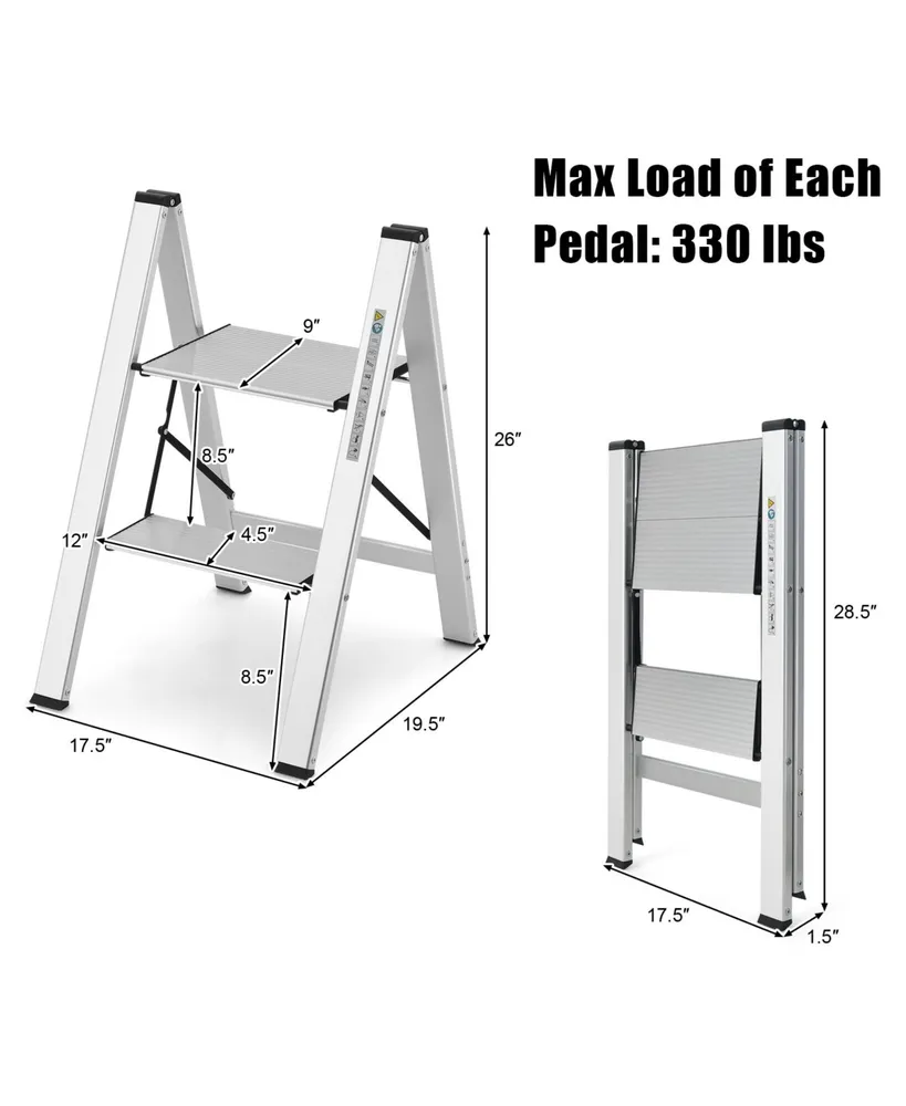 Folding Aluminum 2-Step Ladder with Non-Slip Pedal and Footpads