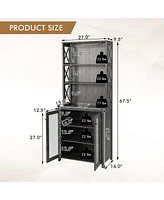 Tall Freestanding Buffet Hutch with Glass Holder and Adjustable Shelves
