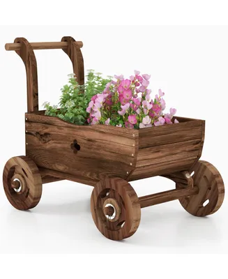 Decorative Wooden Wagon Cart with Handle Wheels and Drainage Hole