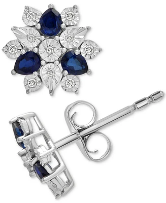 Lab-Grown Sapphire (1-1/3 ct. t.w.) & Diamond (1/10 ct. t.w.) Flower Cluster Stud Earrings in Sterling Silver