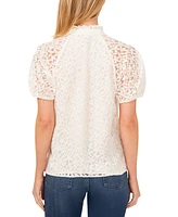 CeCe Women's Floral Lace Puff Sleeve Split Neck Top