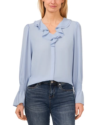 CeCe Women's Long Sleeve Ruffled V-Neck Blouse