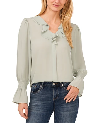 CeCe Women's Long Sleeve Ruffled V-Neck Blouse