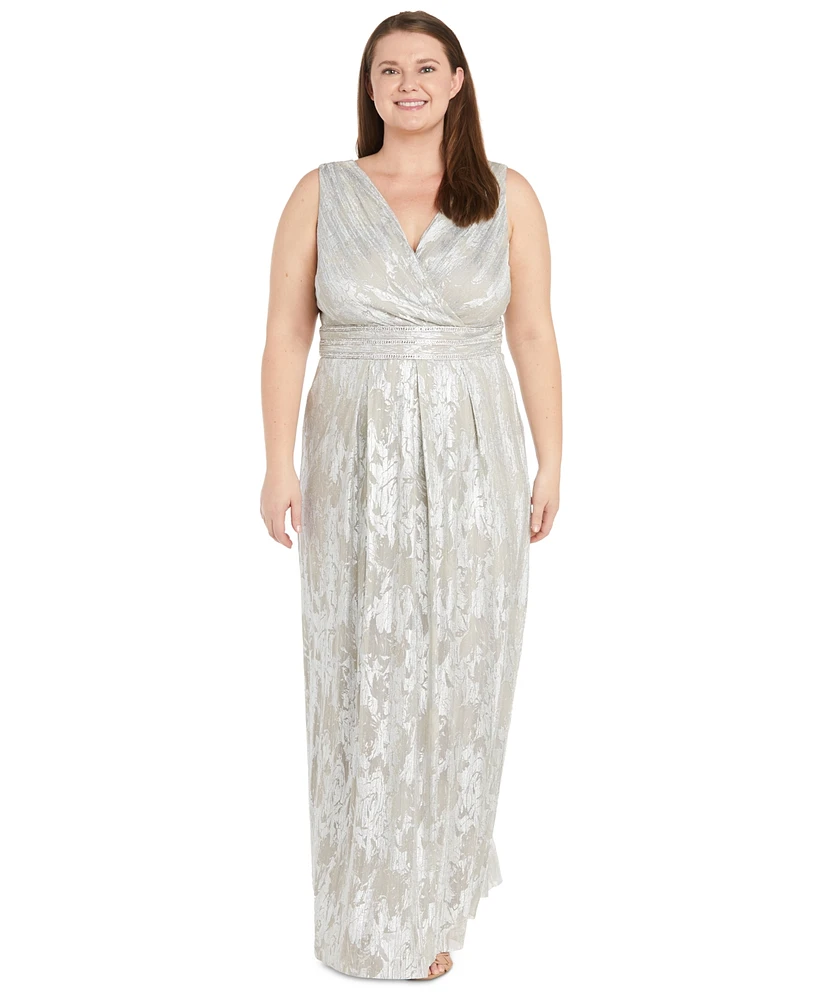 R & M Richards Plus Size Jacquard Embellished Pleated Gown