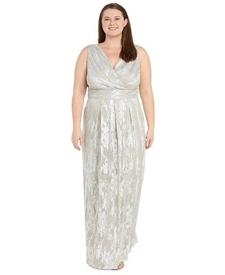 R & M Richards Plus Jacquard Embellished Pleated Gown