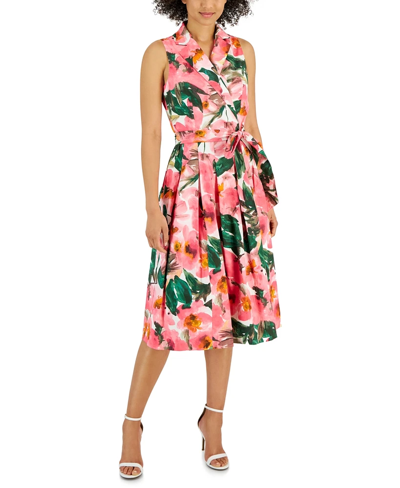 Anne Klein Women's Floral Poplin Sleeveless Wrap Dress