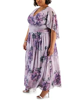 Sl Fashions Plus Size Printed Glitter Cape-Overlay Dress