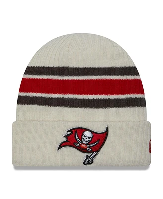 Men's New Era Cream Tampa Bay Buccaneers Team Stripe Cuffed Knit Hat