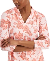 Jm Collection Petite Elena Floral V-Neck Top, Created for Macy's