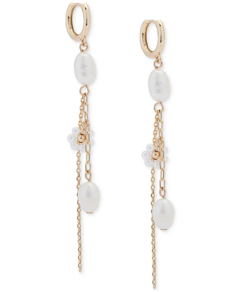 Lucky Brand Gold-Tone Pearl & Chain Charm Hoop Earrings