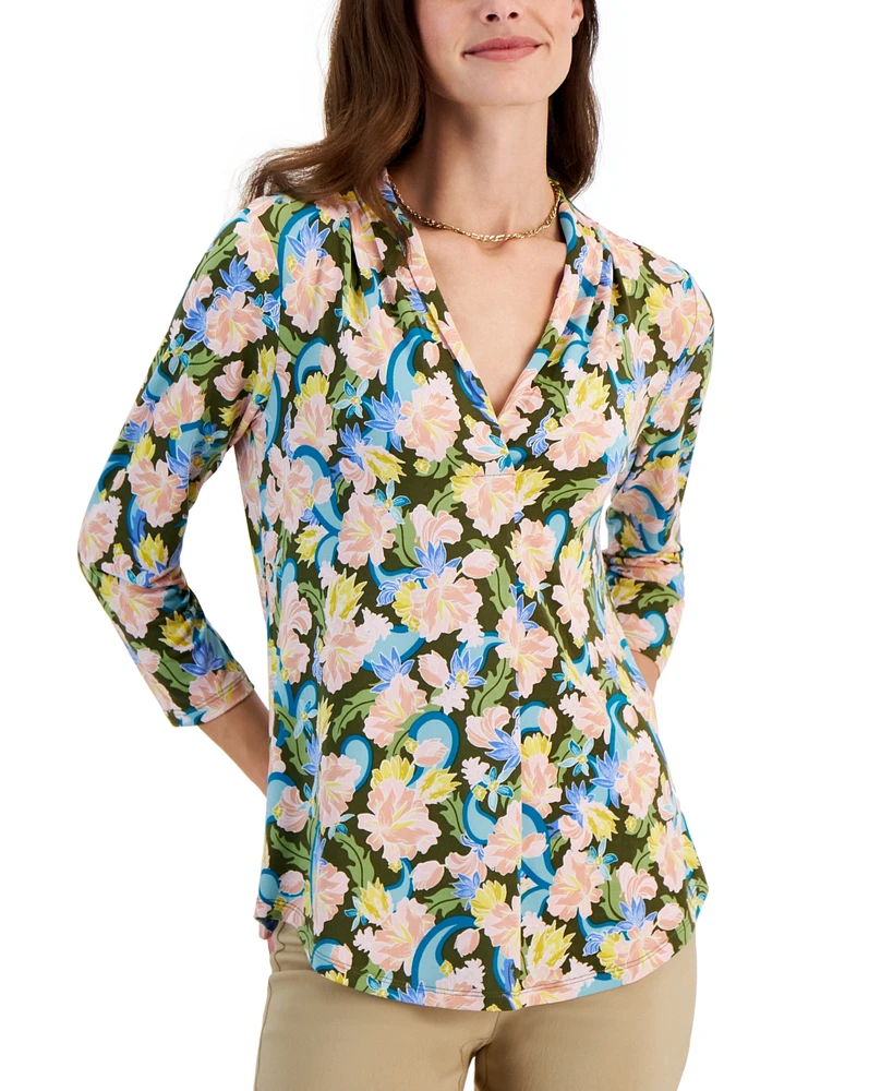 Jm Collection Women's Printed V-Neck 3/4 Sleeve Top, Created for Macy's