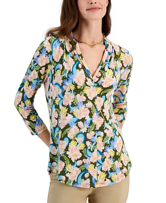 Jm Collection Women's Printed V-Neck 3/4 Sleeve Top, Created for Macy's