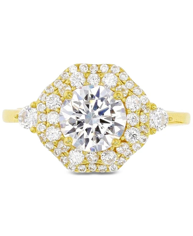 Cubic Zirconia Hexagon Halo Ring 14k Gold-Plated Sterling Silver