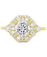 Cubic Zirconia Hexagon Halo Ring 14k Gold-Plated Sterling Silver