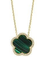 Effy Malachite & Diamond (1/6 ct. t.w.) Flower Halo 18" Pendant Necklace in 14k Gold