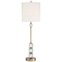 Halston Modern Art Deco Style Buffet Table Lamp 32 1/2" Tall Skinny Brass Gold Metal Crystal Ball Accent Off White Fabric Drum Shade Decor for Living