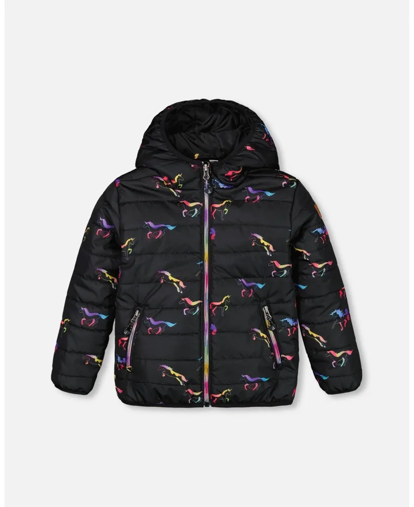 Baby Girl Quilted Mid-Season Jacket Black Printed Multicolor Unicorns - Infant