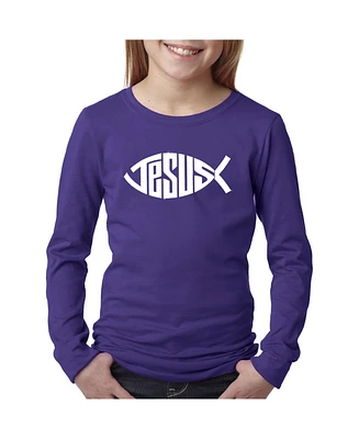 Girl's Word Art Long Sleeve - Christian Jesus Name Fish Symbol
