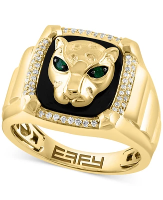 Effy Men's Onyx, Diamond (1/5 ct. t.w.) & Emerald (1/20 ct. t.w.) Panther Signet Ring in 14k Gold