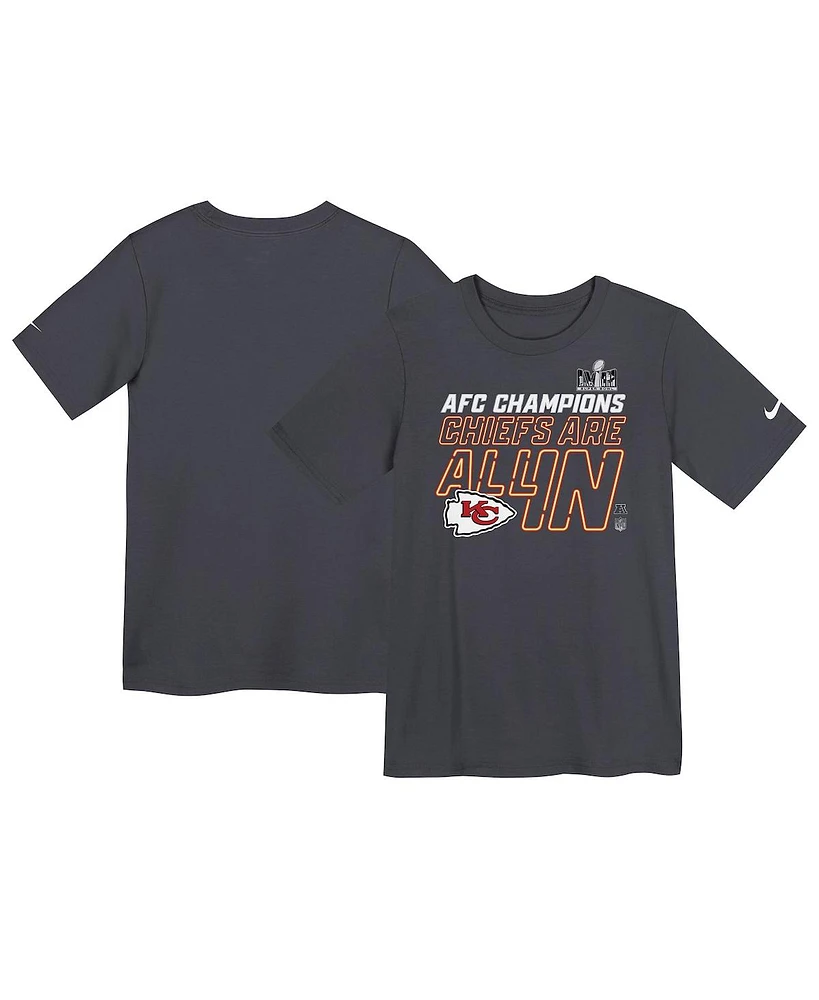 Little Boys and Girls Nike Anthracite Kansas City Chiefs 2023 Afc Champions Locker Room Trophy Collection T-shirt