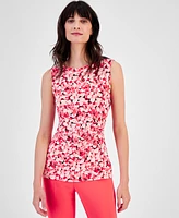 Anne Klein Petite Floral-Print Pleated-Waist Sleeveless Top