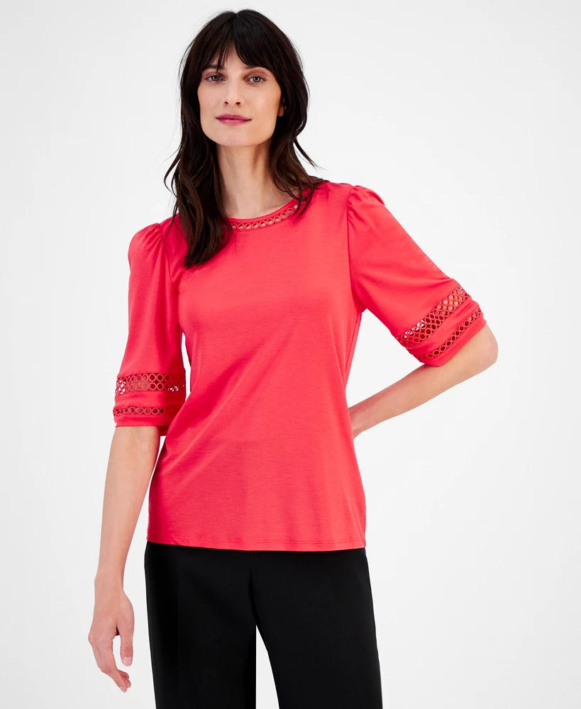 Anne Klein Women's Harmony Knit Open-Trim Elbow-Sleeve Top, Created for Macy's