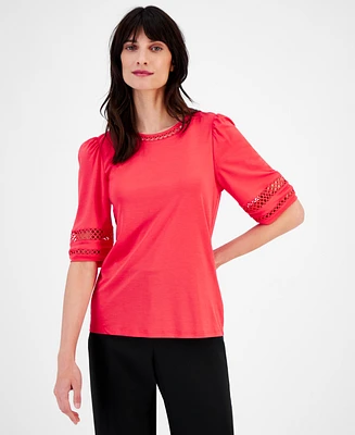 Anne Klein Women's Harmony Knit Open-Trim Elbow-Sleeve Top, Created for Macy's