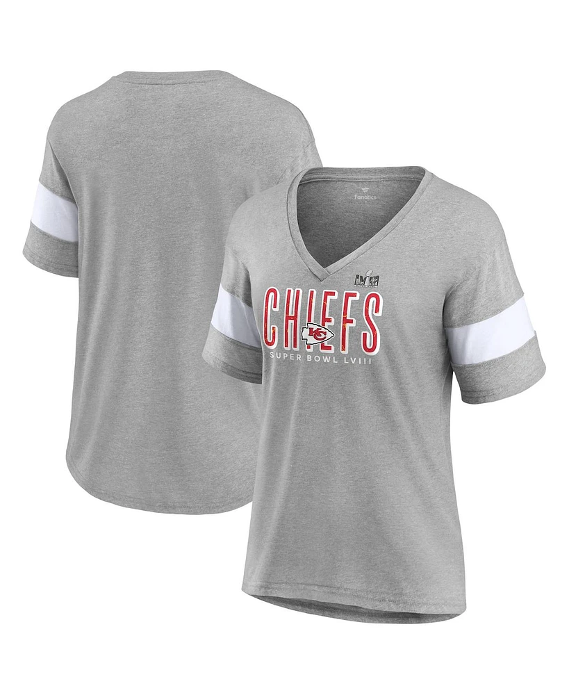 Women's Fanatics Heather Gray Kansas City Chiefs Super Bowl Lviii Cheer Section Tri-Blend V-Neck Fashion T-shirt