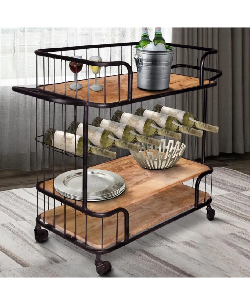 Simplie Fun Metal Frame Bar Cart With Wooden Top And 2 Shelves, Black And Brown