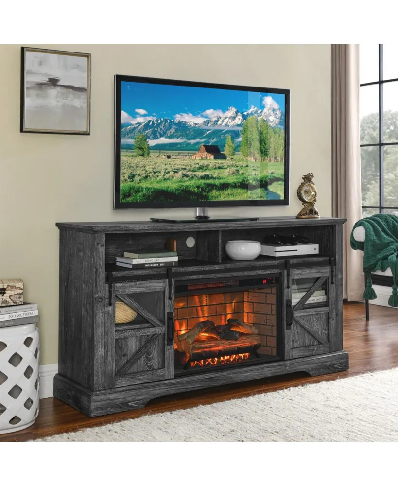 Simplie Fun 60 Inch Electric Fireplace Entertainment Center With Door Sensor- Rustic Oak