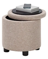 Convenience Concepts 15.75" Faux Linen Round Storage Ottoman with Tray Lid