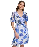 Dkny Petite Printed Flutter-Sleeve Tie-Waist Fit & Flare Chiffon Dress