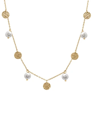 Cultured Freshwater Pearl (6-7mm) & Textured Disc Dangle Collar Necklace in 14k Gold-Plated Sterling Silver, 16" + 2" extender