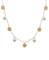 Cultured Freshwater Pearl (6-7mm) & Textured Disc Dangle Collar Necklace in 14k Gold-Plated Sterling Silver, 16" + 2" extender