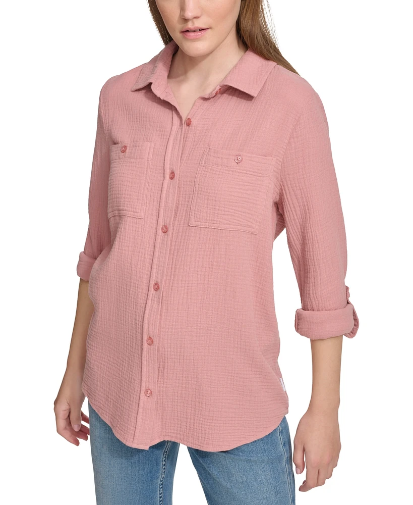 Calvin Klein Jeans Women's Double-Crepe Button-Down Roll-Tab-Sleeve Shirt