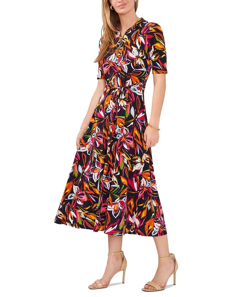 Msk Women's Printed Front-Zip Collared Midi Dress