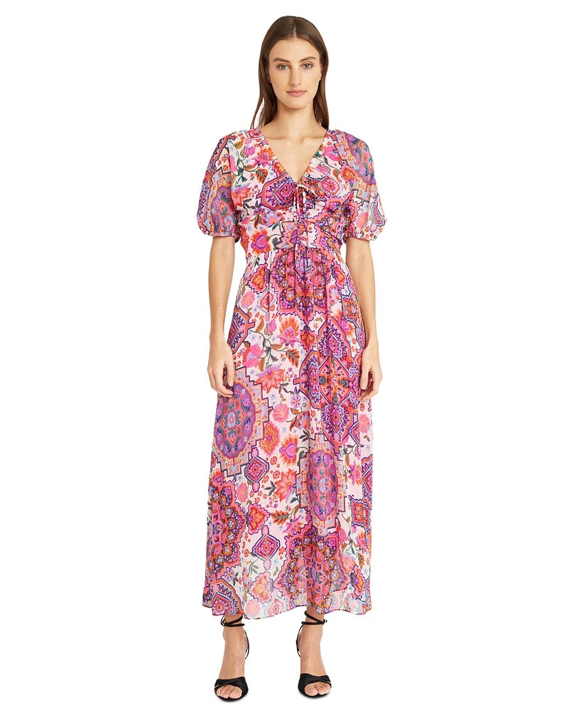 Donna Morgan Women's Printed Tie-Neck Puff-Sleeve Midi Dress