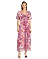 Donna Morgan Women's Printed Tie-Neck Puff-Sleeve Midi Dress