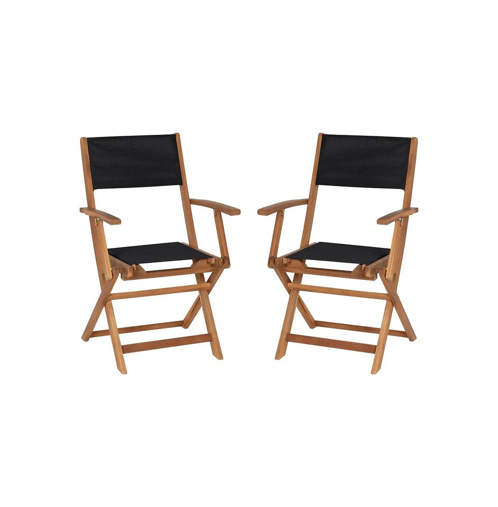 Stora Set Of 2 Indoor/Outdoor Acacia Wood Folding Patio Bistro Armchairs With Text Ilene Mesh Back And Seat