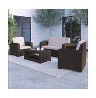 Ava 4 Piece Faux Rattan Patio Furniture Set With 2 Chairs And Love Seat With Removable Cushions And Table