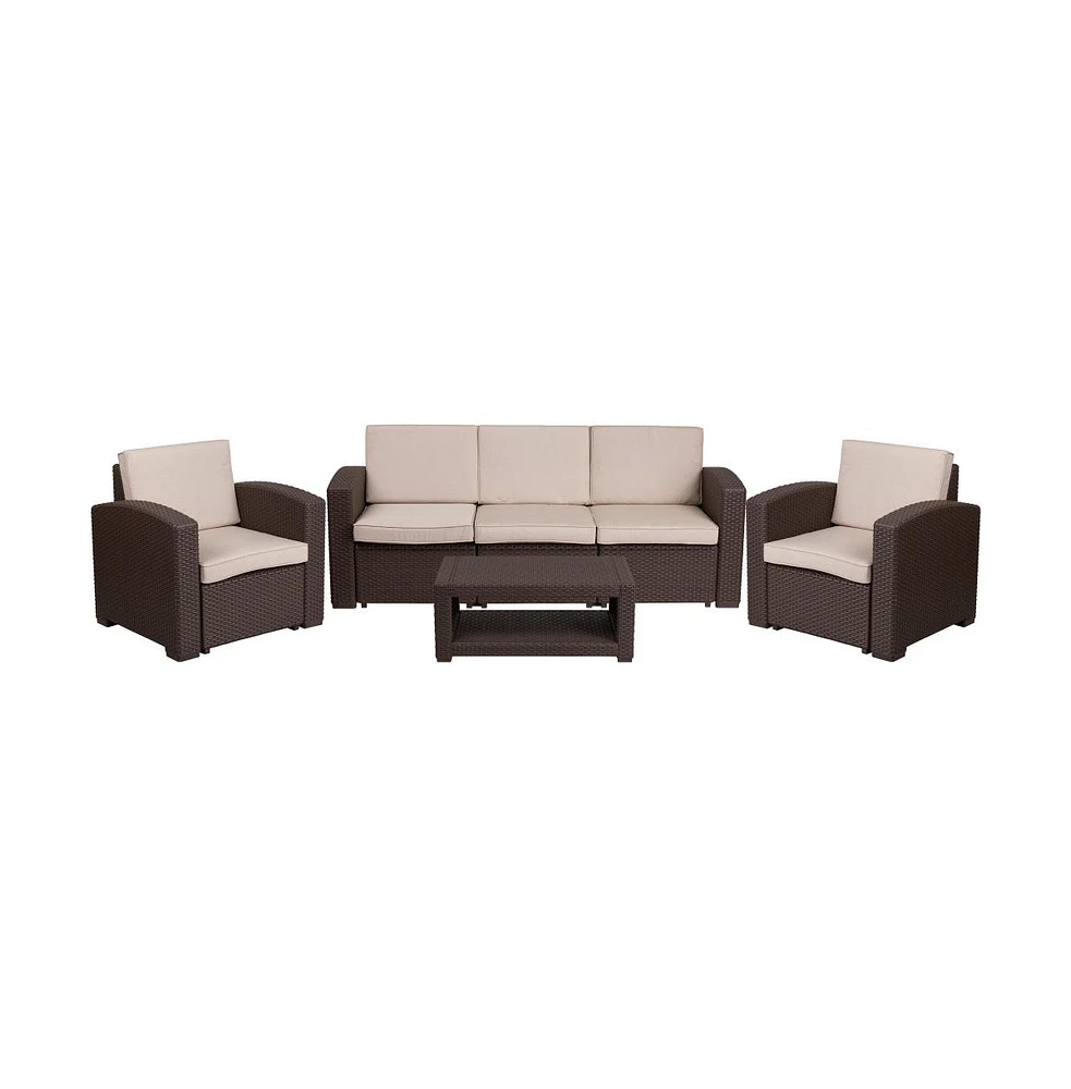 Errol 4 Piece Faux Rattan Patio Furniture Set With 2 Chairs And Sofa With Removable Beige Cushions And Table