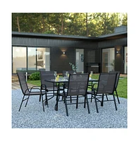 Seven Piece Patio Table Set With Metal Tempered Glass Top And 6 Flex Comfort Stacking Chairs