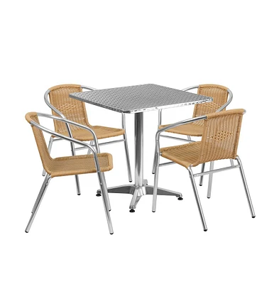 27.5" Square Aluminum Garden Patio Table Set With Rattan Chairs