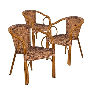 3 Pack Rattan Restaurant Patio Chair With Bamboo-Aluminum Frame