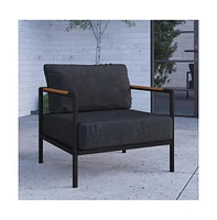 Eastport Outdoor Accent Chair With Removable Plush Fabric Cushions And Teak Accented Aluminum Frame