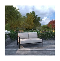 Eastport Outdoor Loveseat With Removable Plush Fabric Cushions And Teak Accented Aluminum Frame